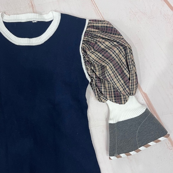 Modcloth Madras Plaid Colorblock Puff Sleeve Sweater - Picture 8 of 9